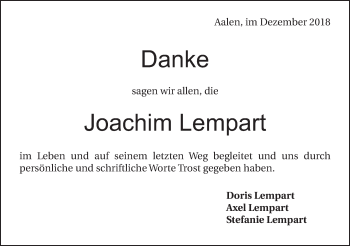 Traueranzeige von Joachim Lempart von Schwäbische Post