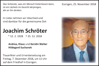 Traueranzeige von Joachim Schröter von Schwäbische Post
