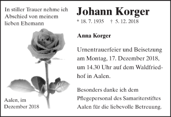 Traueranzeige von Johann Korger von Schwäbische Post