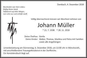 Traueranzeige von Johann Müller von Schwäbische Post