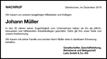 Traueranzeige von Johann Müller von Schwäbische Post