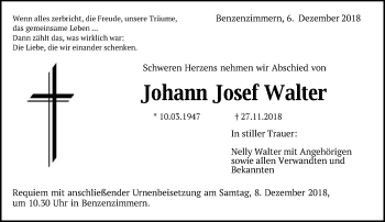 Traueranzeige von Johann Josef Walter von Schwäbische Post