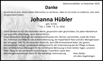 Traueranzeige von Johanna Hübler von Schwäbische Post