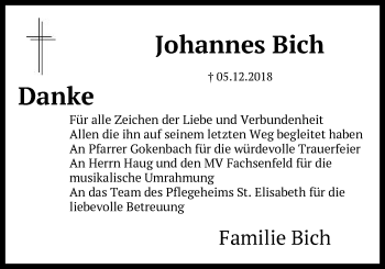 Traueranzeige von Johannes Bich von Schwäbische Post