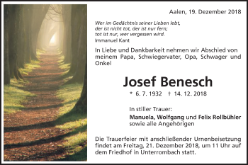 Traueranzeige von Josef Benesch von Schwäbische Post