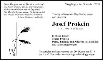 Traueranzeige von Josef Prokein von Gmünder Tagespost