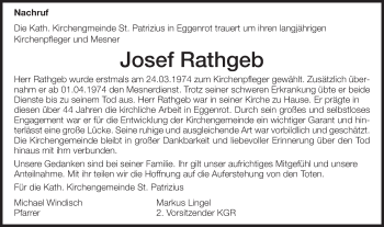Traueranzeige von Josef Rathgeb von Schwäbische Post