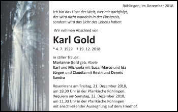 Traueranzeige von Karl Gold von Schwäbische Post