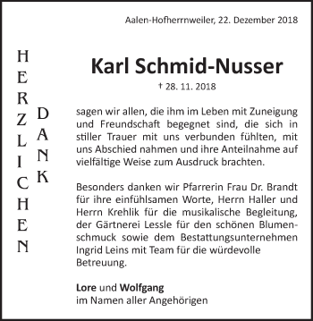 Traueranzeige von Karl Schmid-Nusser von Schwäbische Post
