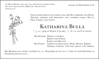 Traueranzeige von Katharina Bulla von Schwäbische Post