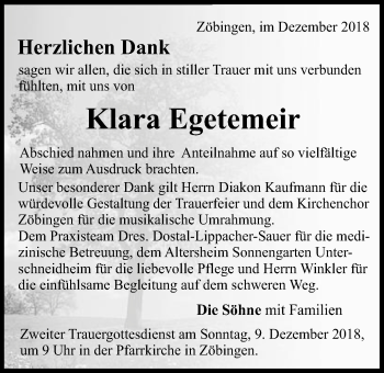 Traueranzeige von Klara Egetemeir von Schwäbische Post