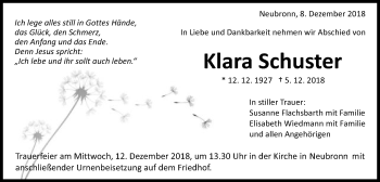 Traueranzeige von Klara Schuster von Schwäbische Post