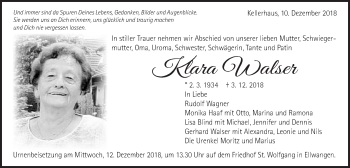 Traueranzeige von Klara Walser von Schwäbische Post