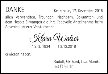 Traueranzeige von Klara Walser von Schwäbische Post