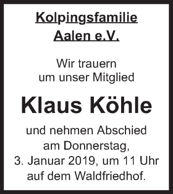 Traueranzeige von Klaus Köhle von Schwäbische Post