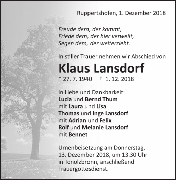 Traueranzeige von Klaus Lansdorf von Gmünder Tagespost