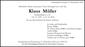 Traueranzeige von Klaus Müller von Gmünder Tagespost