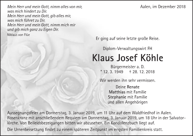  Traueranzeige für Klaus Josef Köhle vom 29.12.2018 aus Schwäbische Post