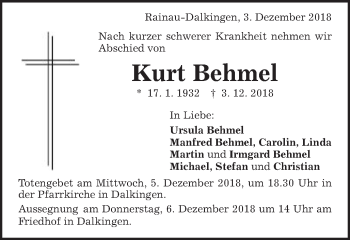 Traueranzeige von Kurt Behmel von Schwäbische Post