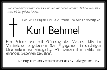 Traueranzeige von Kurt Behmel von Schwäbische Post