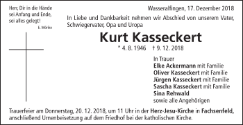 Traueranzeige von Kurt Kasseckert von Schwäbische Post