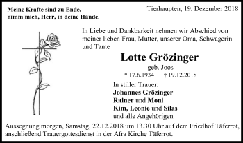 Traueranzeige von Lotte Grözinger von Gmünder Tagespost