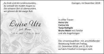 Traueranzeige von Luise Utz von Schwäbische Post