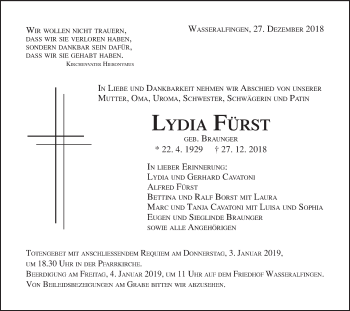 Traueranzeige von Lydia Fürst von Schwäbische Post
