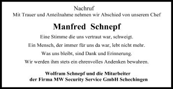 Traueranzeige von Manfred Schnepf von Gmünder Tagespost