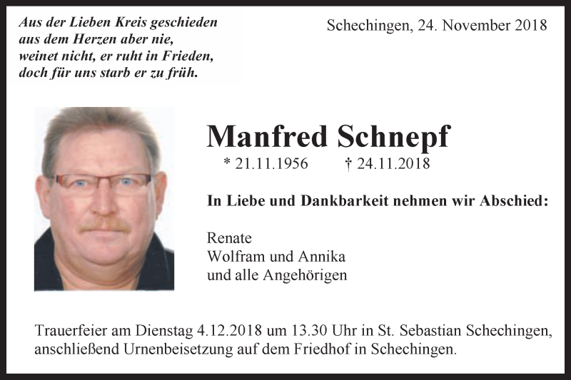  Traueranzeige für Manfred Schnepf vom 01.12.2018 aus Schwäbische Post