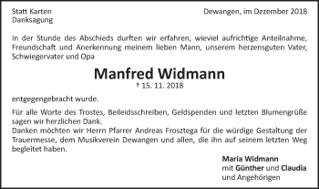 Traueranzeige von Manfred Widmann von Schwäbische Post