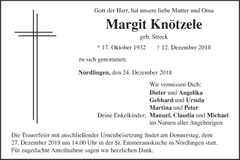 Traueranzeige von Margit Knötzele von Schwäbische Post