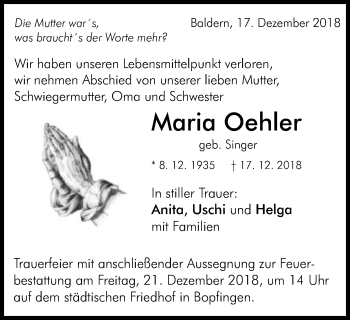 Traueranzeige von Maria Oehler von Schwäbische Post