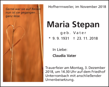 Traueranzeige von Maria Stepan von Schwäbische Post