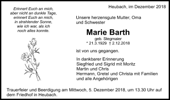 Traueranzeige von Marie Barth von Gmünder Tagespost