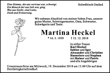 Traueranzeige von Martina Heckel von Gmünder Tagespost
