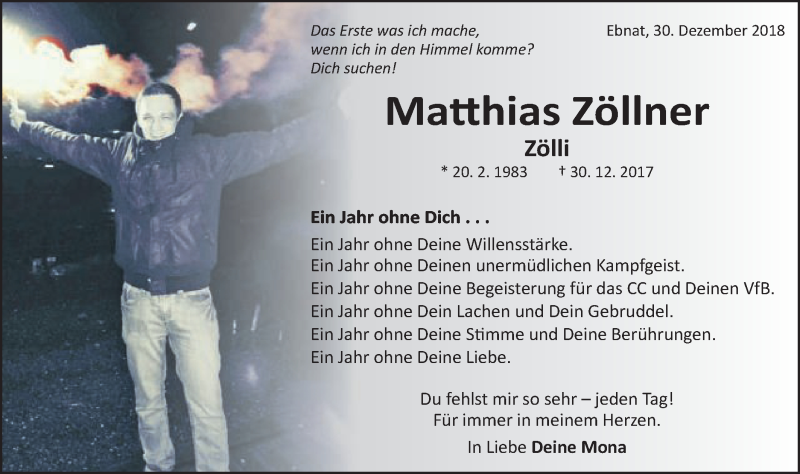  Traueranzeige für Matthias Zöllner vom 31.12.2018 aus Schwäbische Post