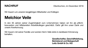 Traueranzeige von Melchior Veile von Schwäbische Post
