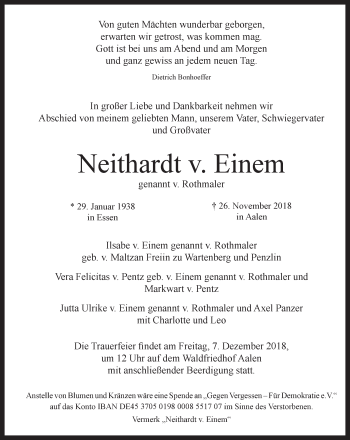 Traueranzeige von Neithardt v. Einem von Schwäbische Post