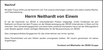 Traueranzeige von Neithardt von Einem von Schwäbische Post