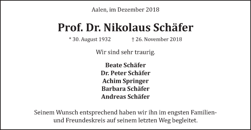  Traueranzeige für Nikolaus Schäfer vom 08.12.2018 aus Schwäbische Post