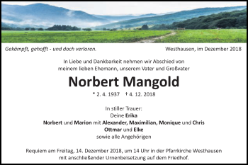 Traueranzeige von Norbert Mangold von Schwäbische Post