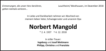 Traueranzeige von Norbert Mangold von Schwäbische Post