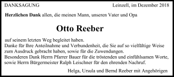 Traueranzeige von Otto Reeber von Gmünder Tagespost