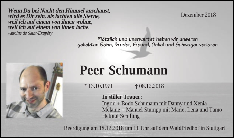  Traueranzeige für Peer Schumann vom 15.12.2018 aus Schwäbische Post