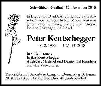 Traueranzeige von Peter Keutschegger von Gmünder Tagespost