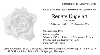 Traueranzeige von Renate Kugelart von Schwäbische Post