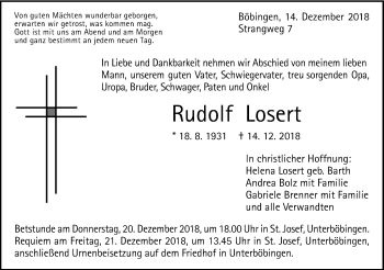 Traueranzeige von Rudolf Losert von Gmünder Tagespost