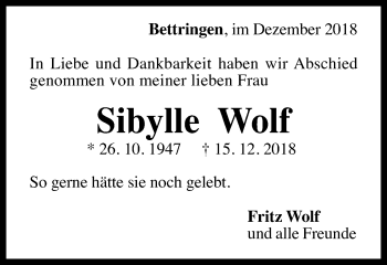 Traueranzeige von Sibylle Wolf von Gmünder Tagespost