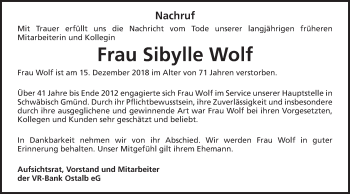Traueranzeige von Sibylle Wolf von Gmünder Tagespost